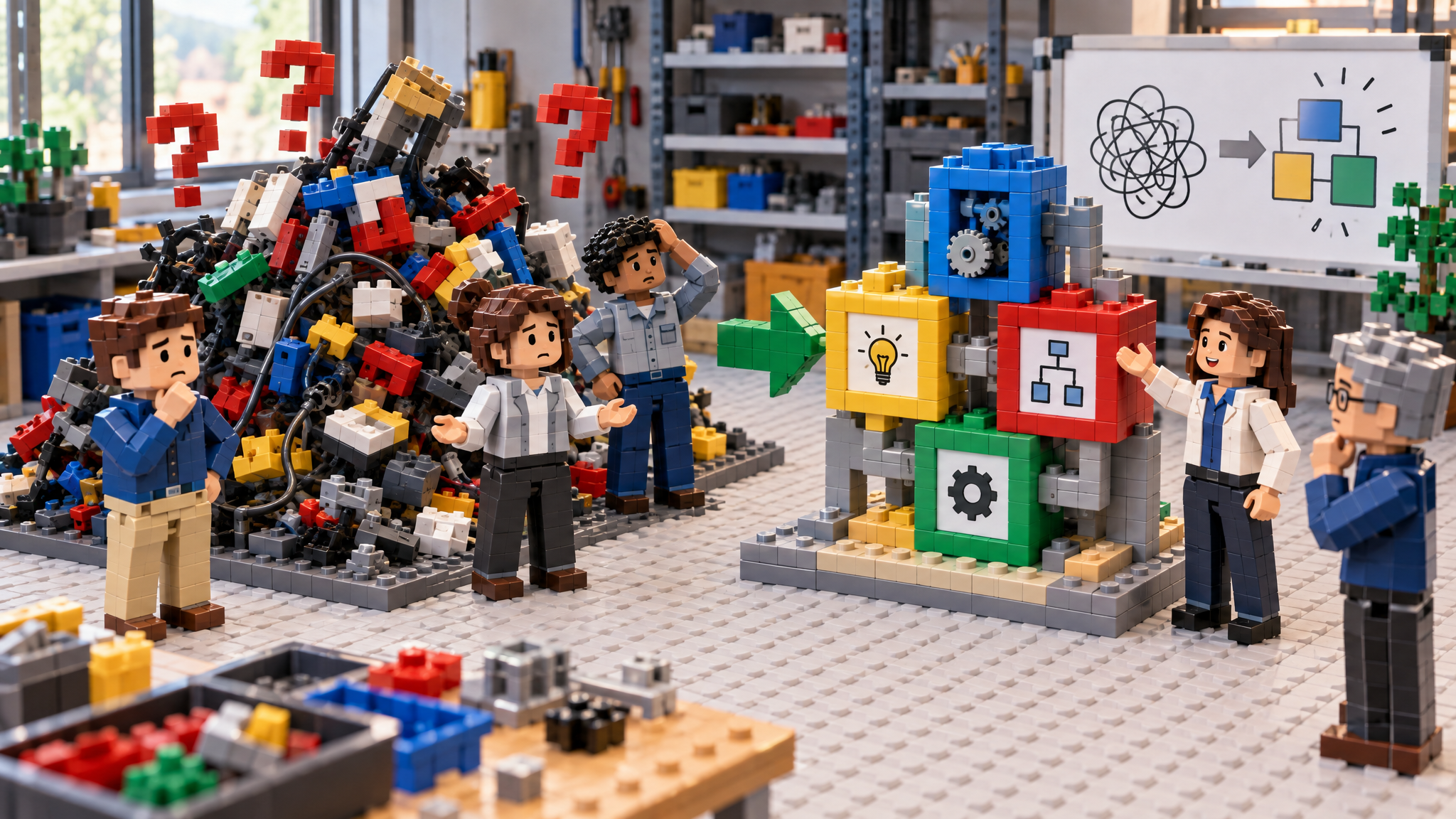 BRICK-Szene 1 zu „Warum diese Methode?“: eine baubare, übersichtliche Modelllandschaft mit 2 unterscheidbaren Elementen, Minifiguren für verschiedene Perspektiven, klaren Verbindungen und einem hervorgehobenen Lernmoment. Neutrale Werkstattumgebung, ohne Text auf Steinen.