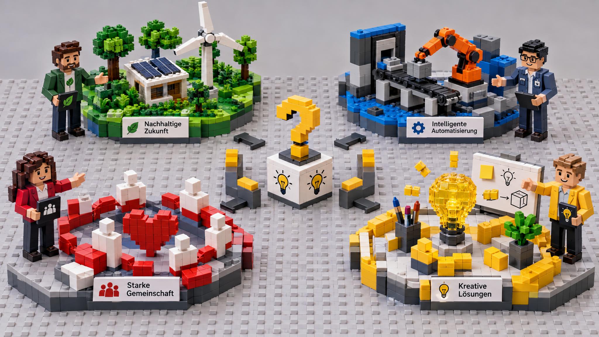 Vier unterschiedlich geformte BRICK-Ideeninseln liegen um einen freien Mittelpunkt. Jede Insel gehört zu einer Figur und steht für einen eigenständigen Vorschlag. Die offene Mitte symbolisiert die Leitfrage und die Möglichkeit weiterer Ideen. Keine Insel ist hervorgehoben oder bereits ausgewählt: Die verschiedenen Formen sollen bewusst Vielfalt zeigen, bevor eine gemeinsame Bewertung beginnt.
Die unterschiedlichen Inseln machen bewusst sichtbar, dass zu Beginn mehrere Lösungsansätze nebeneinanderstehen dürfen. Der offene Mittelpunkt verkörpert die gemeinsame Leitfrage und zeigt, dass noch kein Vorschlag bevorzugt wird. Für die reale Aufgabenstellung verhindert diese Anordnung vorschnelle Bewertung: Erst wenn Menschen mit verschiedenen Perspektiven ihre Ideen einbringen konnten, ist das Lösungsfeld breit genug für die nächste Phase.