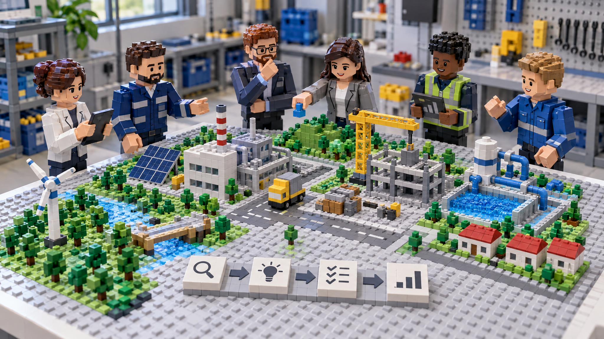 BRICK-Szene 7 zu „Vom Modell zur Handlung“: eine baubare, übersichtliche Modelllandschaft mit 8 unterscheidbaren Elementen, Minifiguren für verschiedene Perspektiven, klaren Verbindungen und einem hervorgehobenen Lernmoment. Neutrale Werkstattumgebung, ohne Text auf Steinen.