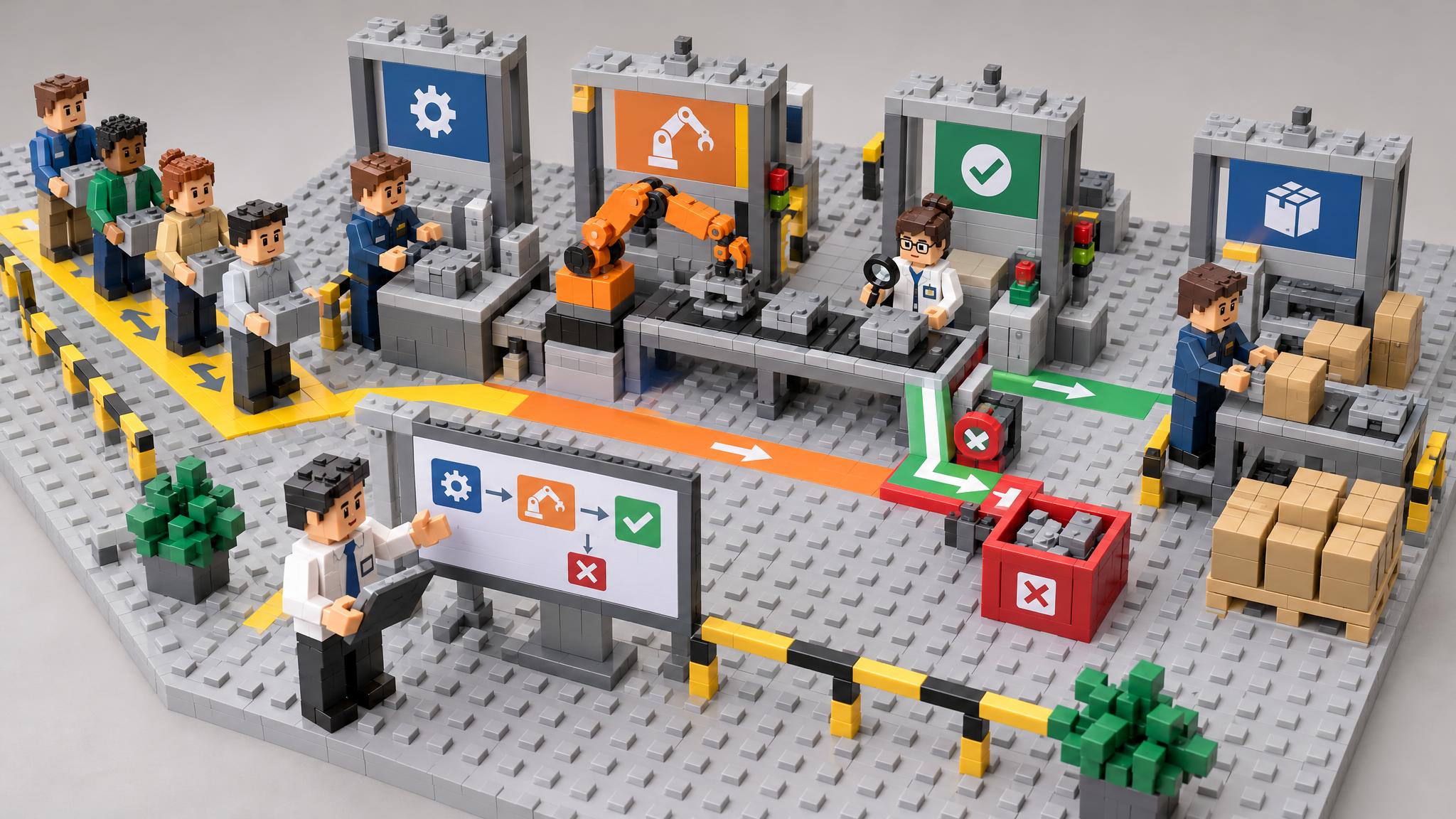 Vier BRICK-Stationen bilden einen Arbeitsweg. Die Figuren markieren unterschiedliche Zuständigkeiten, Verbindungen die notwendigen Übergaben. Vor einer Station sammeln sich Teile zu einer Warteschlange. Ein seitlicher Weg symbolisiert eine Entscheidung mit zwei möglichen Fortsetzungen. Die räumliche Darstellung macht sichtbar, warum Verzögerungen oft an Schnittstellen entstehen und nicht unbedingt durch eine langsame Einzeltätigkeit verursacht werden.
Die Warteschlange veranschaulicht ein zentrales Prinzip der Prozessanalyse: Eine Verzögerung an einer Übergabe kann den ganzen Ablauf beeinflussen, obwohl die einzelnen Arbeitsstationen gut funktionieren. Die Verzweigung macht deutlich, dass Entscheidungen verschiedene Bearbeitungswege auslösen können. Für die reale Aufgabe müssen deshalb Auslöser, Bearbeitungszeit, Wartezeit und Schnittstellen gesondert untersucht werden, statt vorschnell einzelne Personen als Ursache zu betrachten.