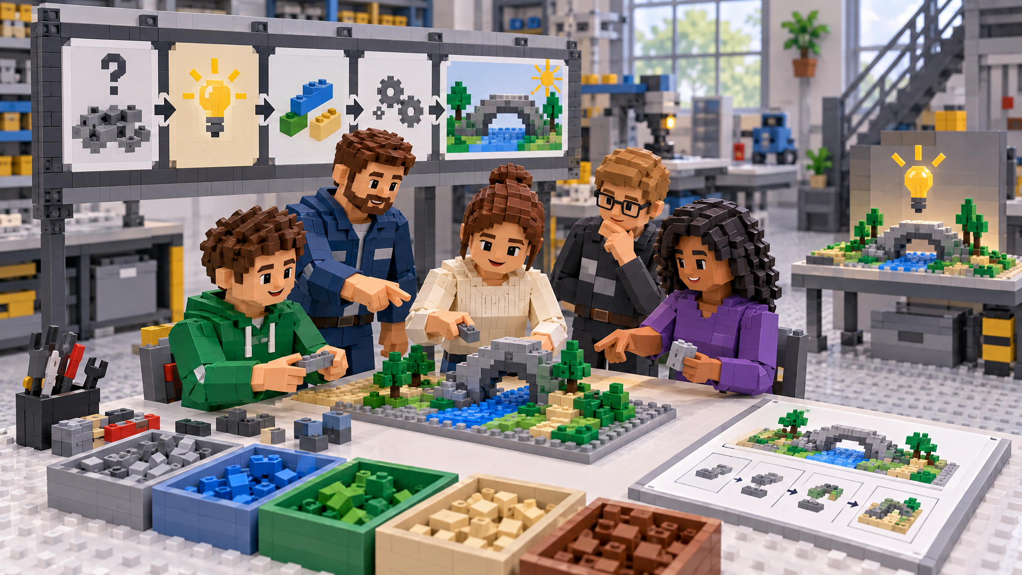 BRICK-Szene 4 zu „Kreativität ohne Bauhürde“: eine baubare, übersichtliche Modelllandschaft mit 5 unterscheidbaren Elementen, Minifiguren für verschiedene Perspektiven, klaren Verbindungen und einem hervorgehobenen Lernmoment. Neutrale Werkstattumgebung, ohne Text auf Steinen.