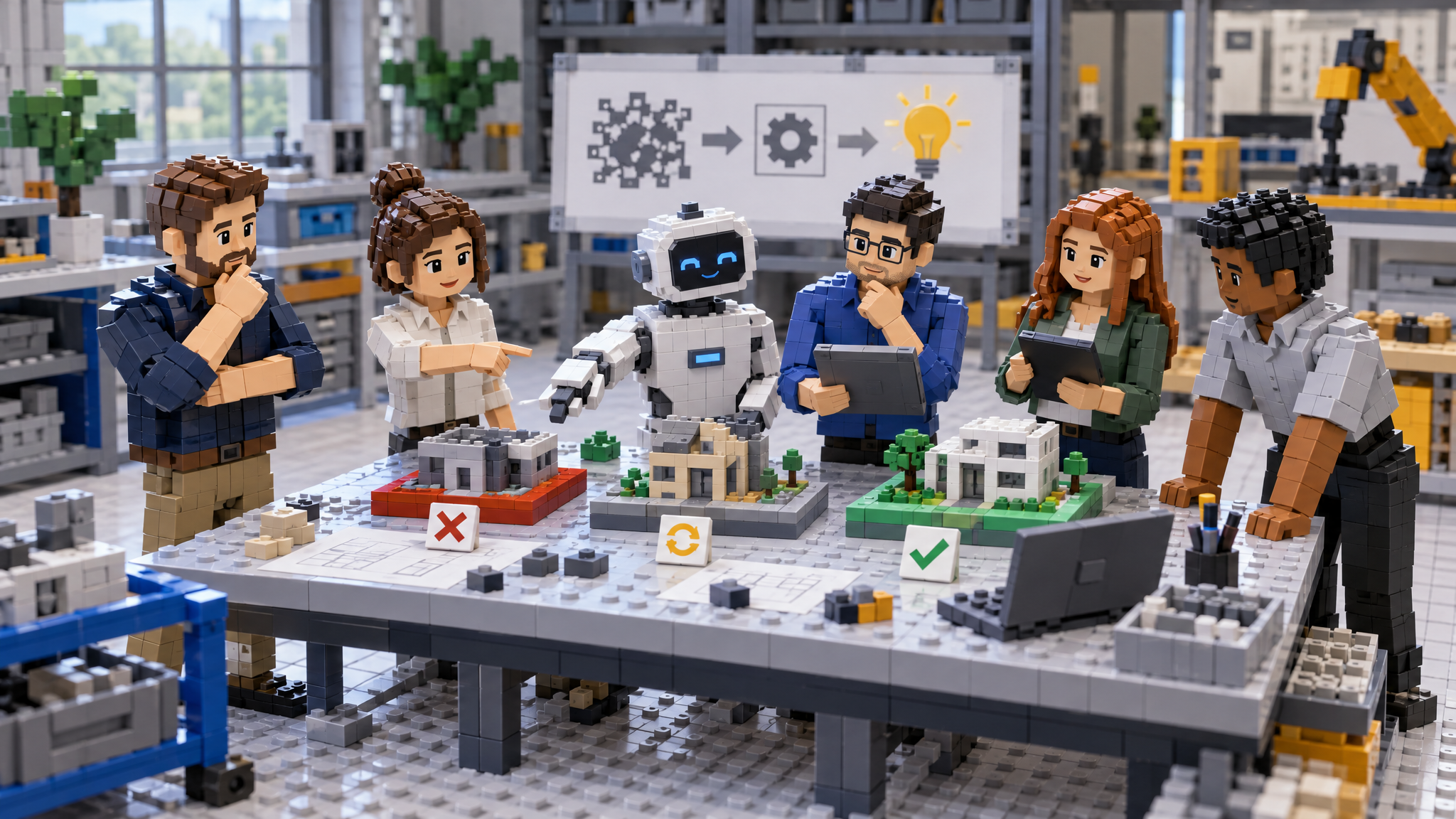 BRICK-Szene 6 zu „KI als zusätzliches Teammitglied“: eine baubare, übersichtliche Modelllandschaft mit 7 unterscheidbaren Elementen, Minifiguren für verschiedene Perspektiven, klaren Verbindungen und einem hervorgehobenen Lernmoment. Neutrale Werkstattumgebung, ohne Text auf Steinen.