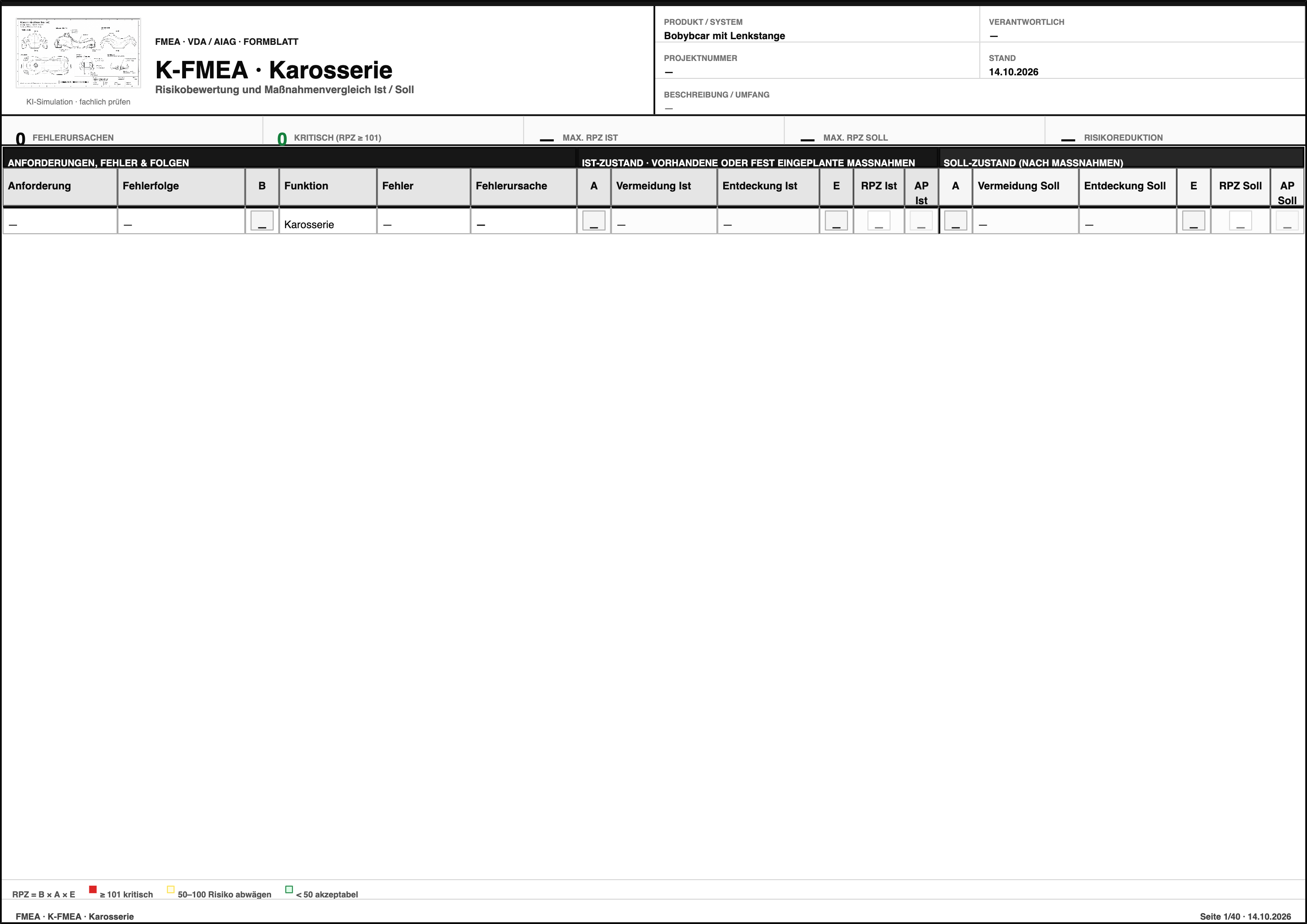 FMEA – Bobybcar mit Lenkstange  – Formblatt Seite 1