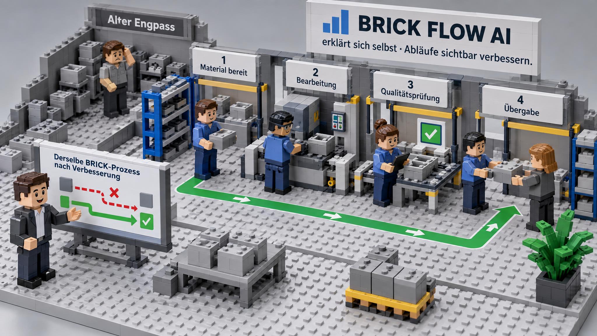 Die gleichen BRICK-Stationen erscheinen in einer verbesserten Anordnung. Der Weg zwischen ihnen verläuft direkter, die zuvor unklare Übergabe ist eindeutig verbunden. Ein zusätzlicher Kontrollpunkt sichert den Ablauf ab. Der alte Engpass bleibt als Vergleich sichtbar. Die neue Anordnung steht für einen vorgeschlagenen Sollprozess; tatsächliche Verbesserungen müssen noch im Alltag überprüft werden.
Der direkte neue Weg veranschaulicht die Hypothese, dass eine vereinfachte Übergabe Wartezeiten senkt. Der zusätzliche Kontrollpunkt erinnert daran, dass schneller nicht automatisch besser heißt: Notwendige Qualitätsprüfungen müssen erhalten bleiben. Gerade der Vergleich mit dem alten Engpass macht die Veränderungslogik verständlich. Das Modell ist deshalb ein Entwurf, der erst im Arbeitsalltag und an Ausnahmefällen erprobt werden muss.