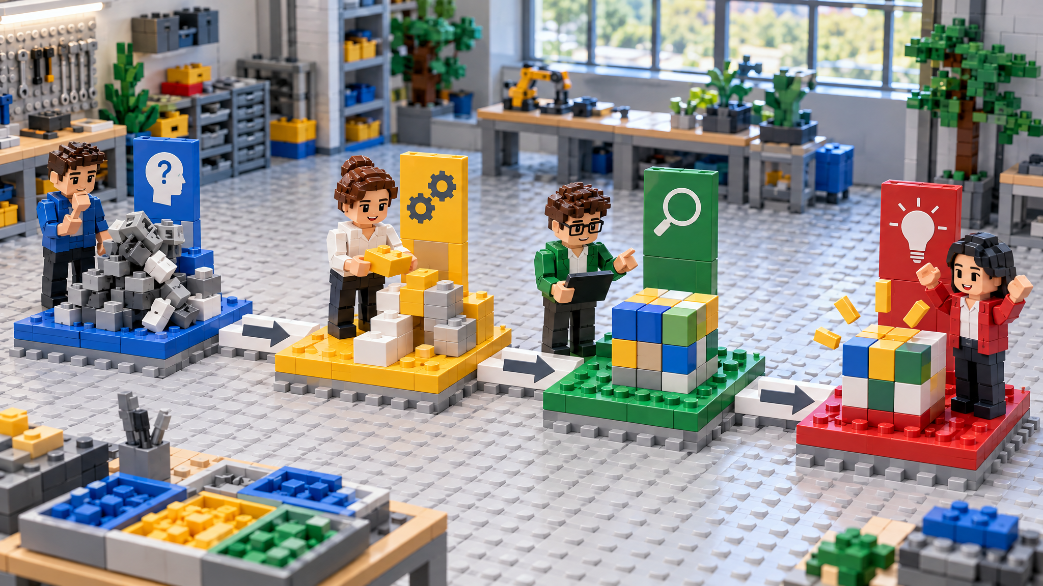 BRICK-Szene 3 zu „So funktioniert die Methode“: eine baubare, übersichtliche Modelllandschaft mit 4 unterscheidbaren Elementen, Minifiguren für verschiedene Perspektiven, klaren Verbindungen und einem hervorgehobenen Lernmoment. Neutrale Werkstattumgebung, ohne Text auf Steinen.