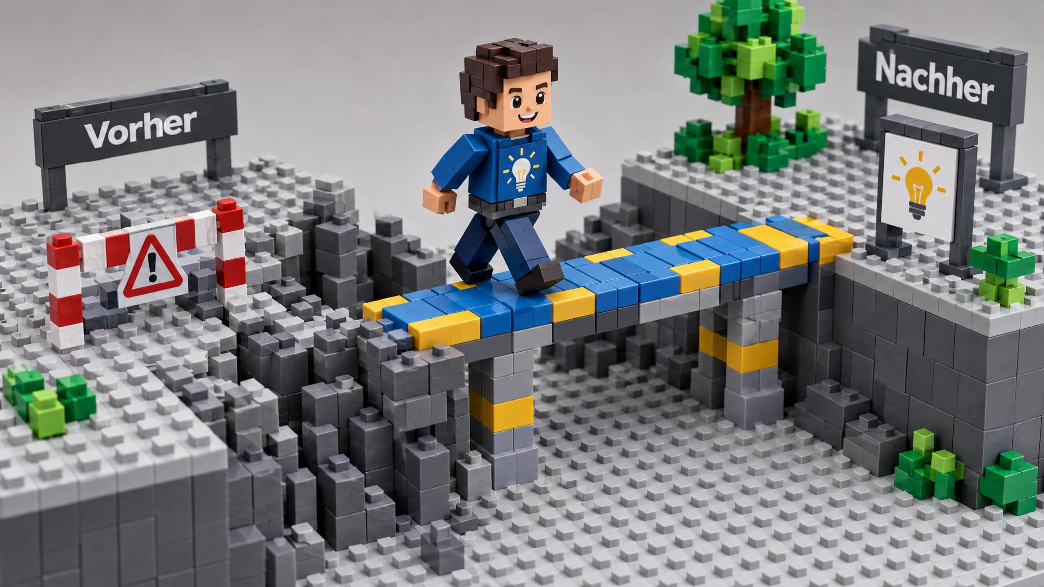 Die gleiche BRICK-Figur steht noch an derselben Unterbrechung, hat aber aus neuen Steinen eine Verbindung gebaut. Der frühere Engpass bleibt räumlich erkennbar; die Figur kann nun auf die andere Seite gelangen. Die neue Brücke symbolisiert den Wendepunkt einer zusammenhängenden Erzählung. So wird nicht nur ein Endzustand dargestellt, sondern eine sichtbare Veränderung gegenüber der Ausgangslage.

Die neu gebaute Verbindung steht für eine begründete Veränderung zwischen Ausgangslage und Ergebnis. Dass die ursprüngliche Lücke erkennbar bleibt, ermöglicht dem Publikum einen Vorher-Nachher-Vergleich. Für die Aufgabe reicht ein schönes Schlussbild nicht: Man muss erklären können, welche Erkenntnisse die Veränderung ermöglicht haben und welche Aussage sich auf eine neue Situation übertragen lässt.