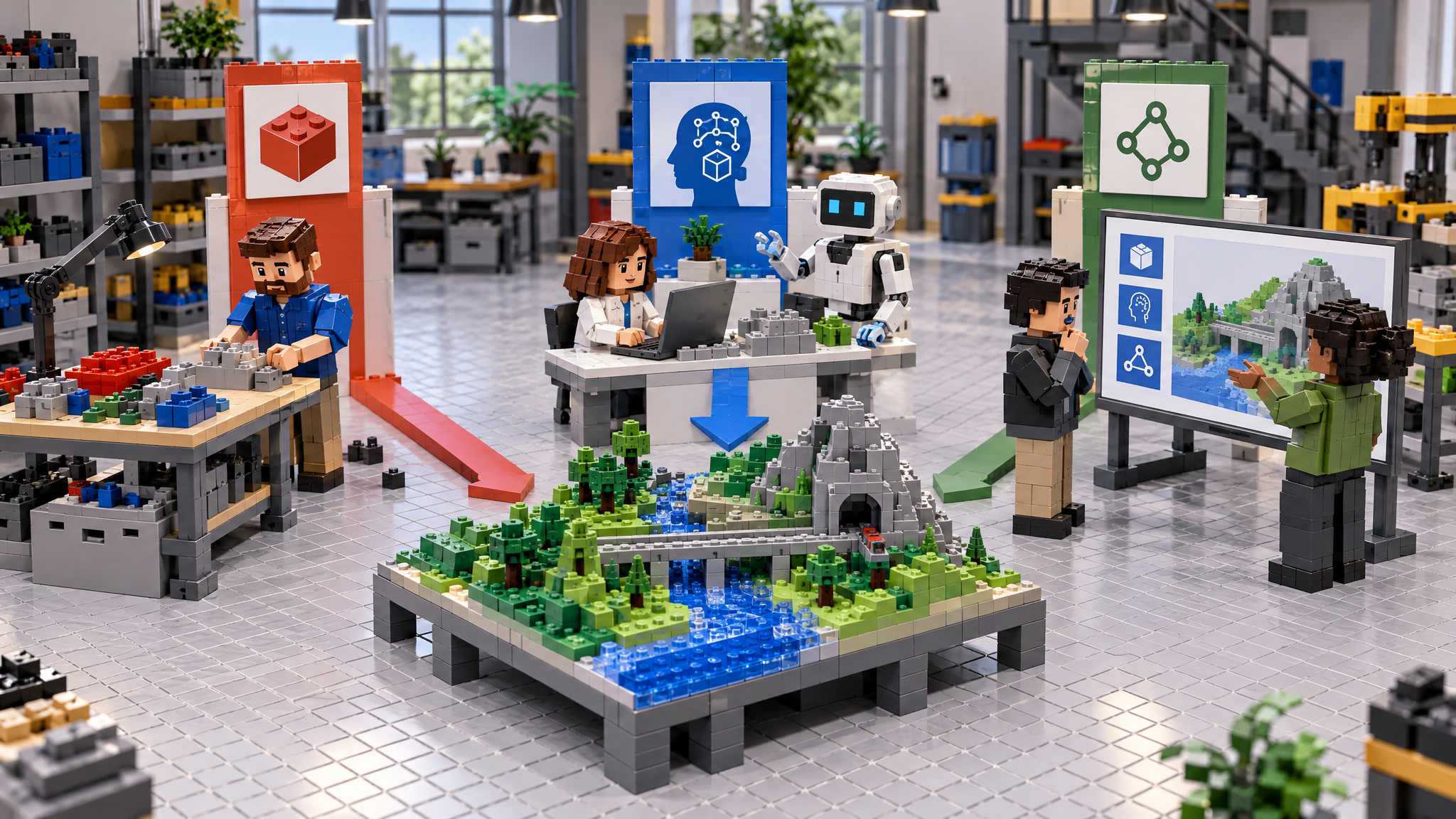 BRICK-Szene 5 zu „Drei Wege zum Modell“: eine baubare, übersichtliche Modelllandschaft mit 6 unterscheidbaren Elementen, Minifiguren für verschiedene Perspektiven, klaren Verbindungen und einem hervorgehobenen Lernmoment. Neutrale Werkstattumgebung, ohne Text auf Steinen.