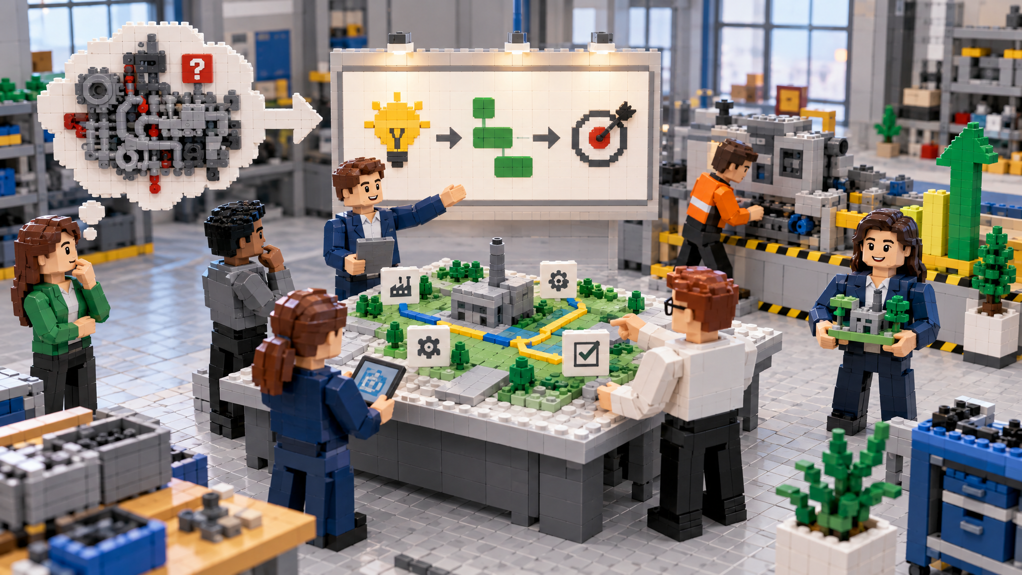 BRICK-Szene 8 zu „Transfer und Lernerfolg“: eine baubare, übersichtliche Modelllandschaft mit 9 unterscheidbaren Elementen, Minifiguren für verschiedene Perspektiven, klaren Verbindungen und einem hervorgehobenen Lernmoment. Neutrale Werkstattumgebung, ohne Text auf Steinen.