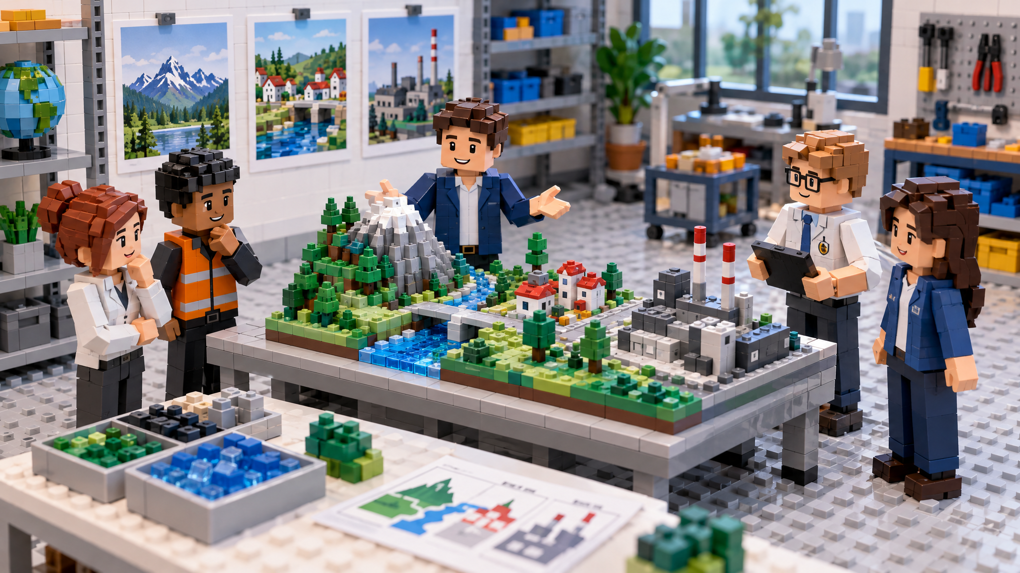 BRICK-Szene 2 zu „Warum Modelle und Bilder helfen“: eine baubare, übersichtliche Modelllandschaft mit 3 unterscheidbaren Elementen, Minifiguren für verschiedene Perspektiven, klaren Verbindungen und einem hervorgehobenen Lernmoment. Neutrale Werkstattumgebung, ohne Text auf Steinen.