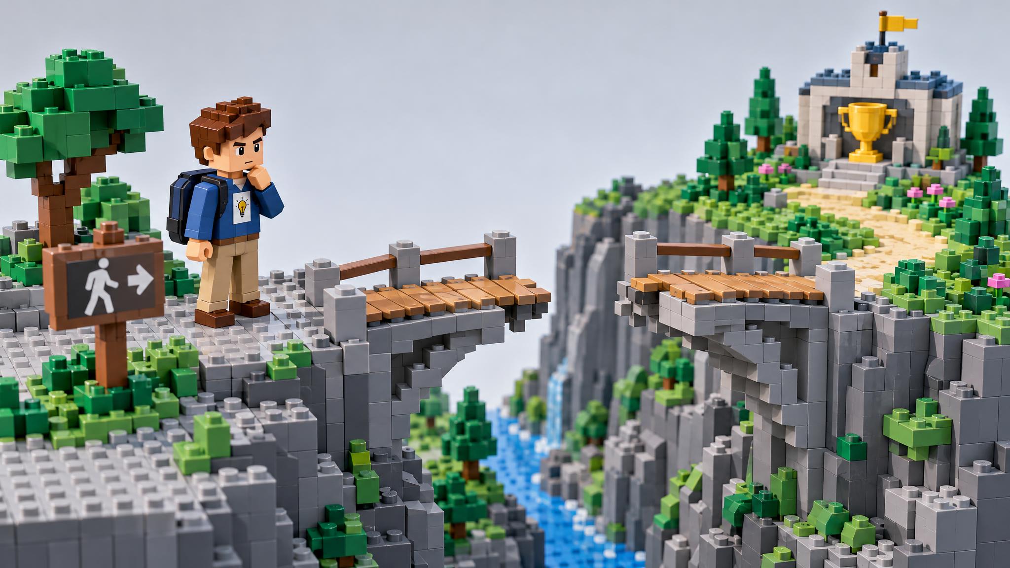 Eine wiederkehrende BRICK-Figur steht vor einer unterbrochenen Brücke. Auf der anderen Seite ist ein Ziel erkennbar, das noch nicht erreicht werden kann. Der sichtbare Abstand macht das zentrale Hindernis der Geschichte begreiflich. Die Figur schafft einen festen Bezugspunkt für das Publikum, während die offene Verbindung eine Frage erzeugt: Wie kann die Situation verändert werden?

Die wiederkehrende Figur bietet dem Publikum einen klaren Bezugspunkt, die fehlende Verbindung macht die noch ungelöste Herausforderung greifbar. Das entfernte Ziel ist nicht bloß Dekoration: Es verdeutlicht, weshalb die Ausgangslage relevant ist und welche Entwicklung die nächsten Szenen erklären müssen. Für die Aufgabe schafft die Darstellung eine verständliche Lernfrage, bevor Fachbegriffe und Details hinzukommen.