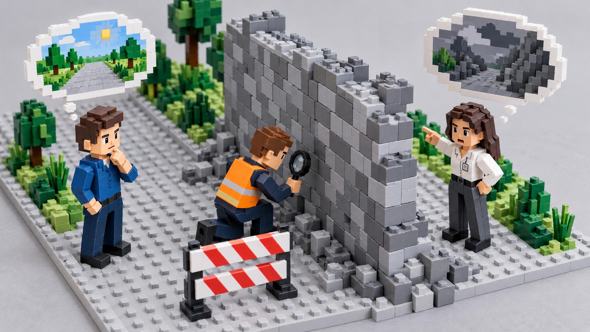 Ein baubarer Weg endet an einer hohen BRICK-Barriere. Zwei Figuren betrachten den Wall von gegenüberliegenden Seiten und nehmen unterschiedliche Ausschnitte wahr. Eine dritte Figur untersucht die Steine direkt am Hindernis, ohne sie schon zu entfernen. Die Barriere steht für das ungeklärte Problem; die Figuren verdeutlichen, dass Perspektiven verschieden sein können, obwohl sie sich auf dieselbe Situation beziehen.
Die verschiedenen Standpunkte verdeutlichen, warum ein Team dieselbe Situation unterschiedlich bewerten kann. Die dritte Figur steht für die entscheidende methodische Wendung: nicht über vermeintliche Ursachen streiten, sondern das Hindernis anhand beobachtbarer Merkmale untersuchen. Die Barriere ist eine gemeinsame Fragestellung, keine bewiesene Erklärung. Das Modell fordert dazu auf, sichere Fakten, individuelle Annahmen und fehlende Informationen klar zu trennen.