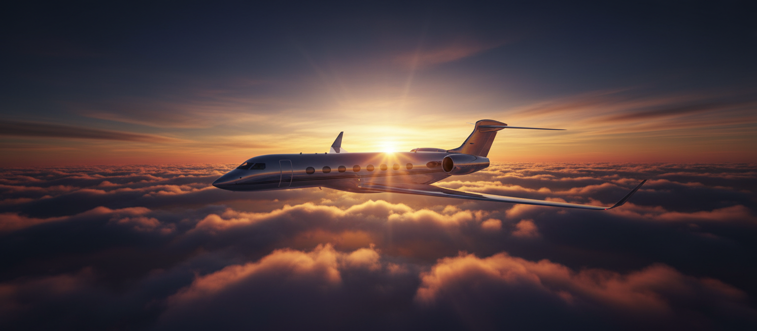 Private jet flying above clouds at golden hour