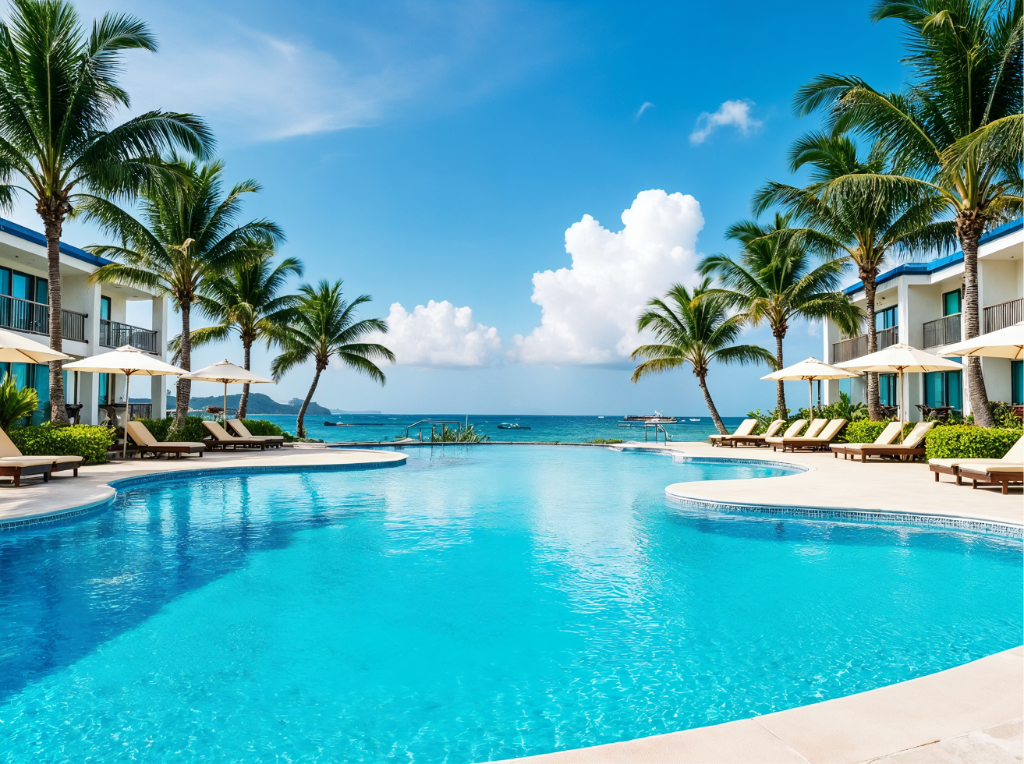 Luxury beachfront resort pool with palm trees — star auction prize