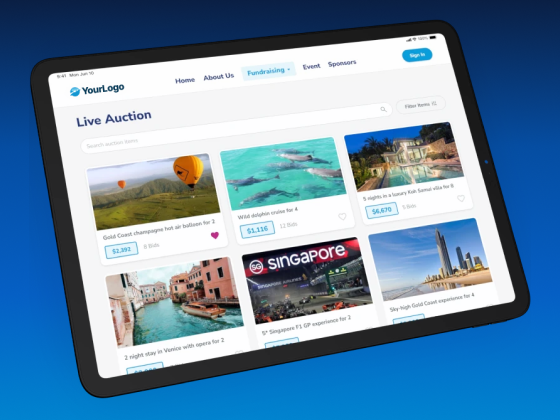 Fundraising platform live auction site on tablet