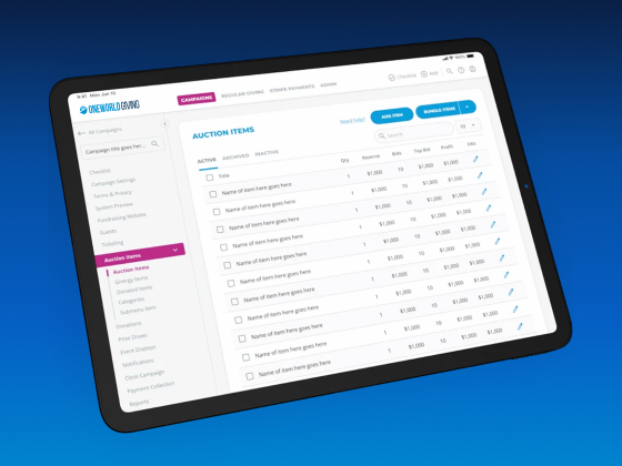OneWorld Giving auction items management dashboard on tablet