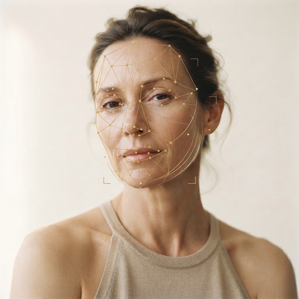 A woman's face with a fine gold scan overlay marking the signals Unage reads