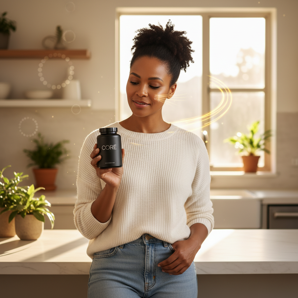 Woman holding Zaka Core supplement as the foundation of her wellness stack