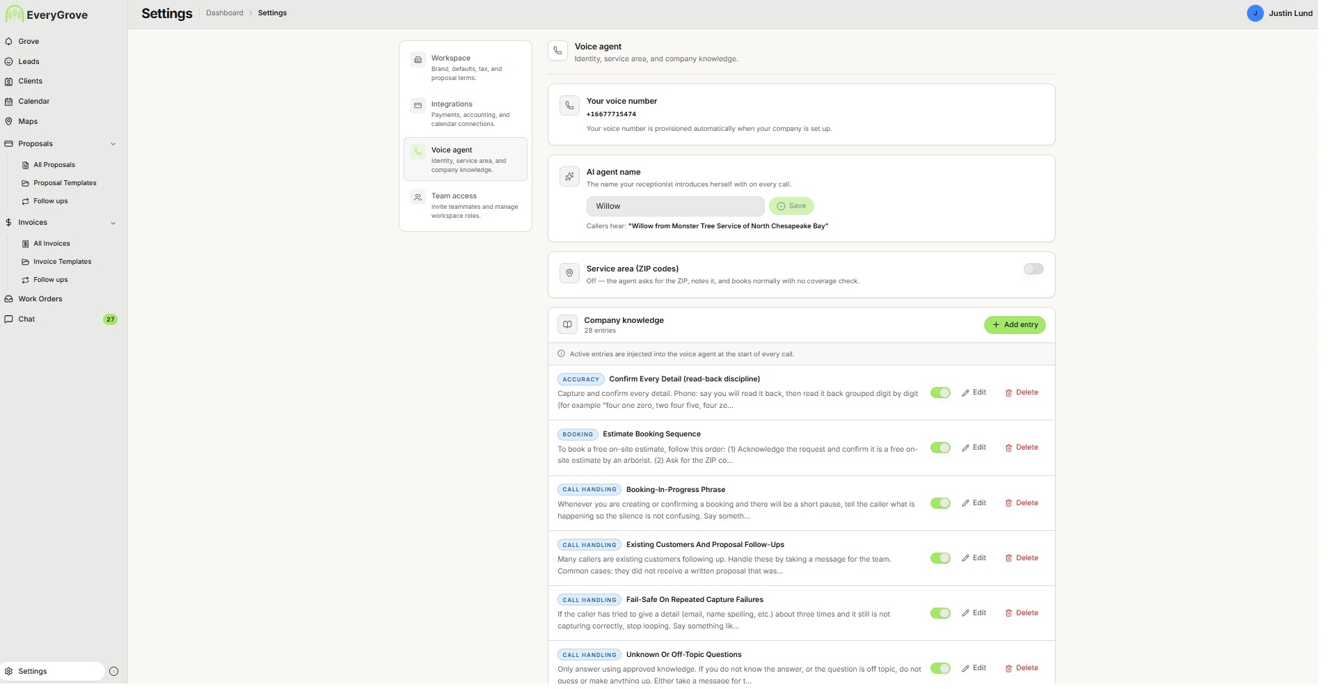 Willow voice agent settings, the EveryGrove control screen for configuring Willow's name, voice number, service area, and company knowledge