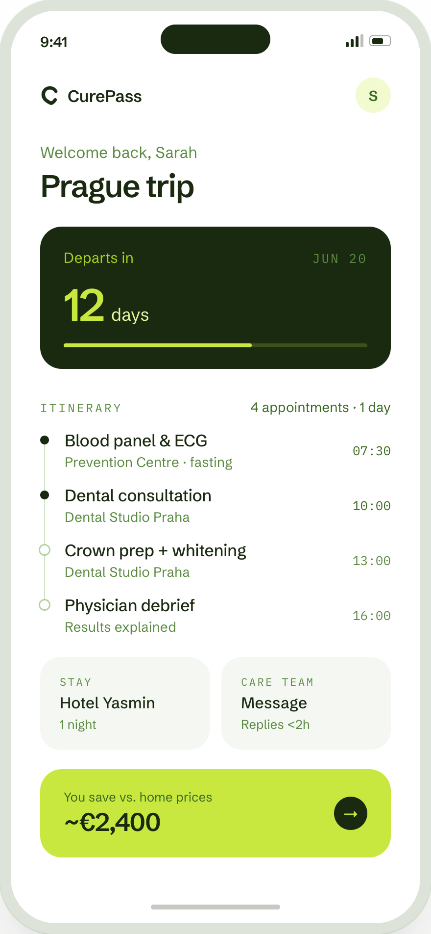CurePass — your health hub: Prague trip itinerary, appointments, stay and savings