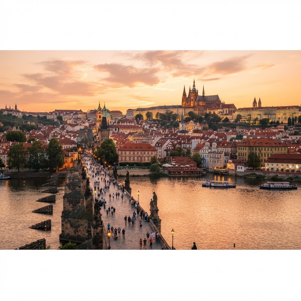 Prague — Charles Bridge and Prague Castle at golden hour