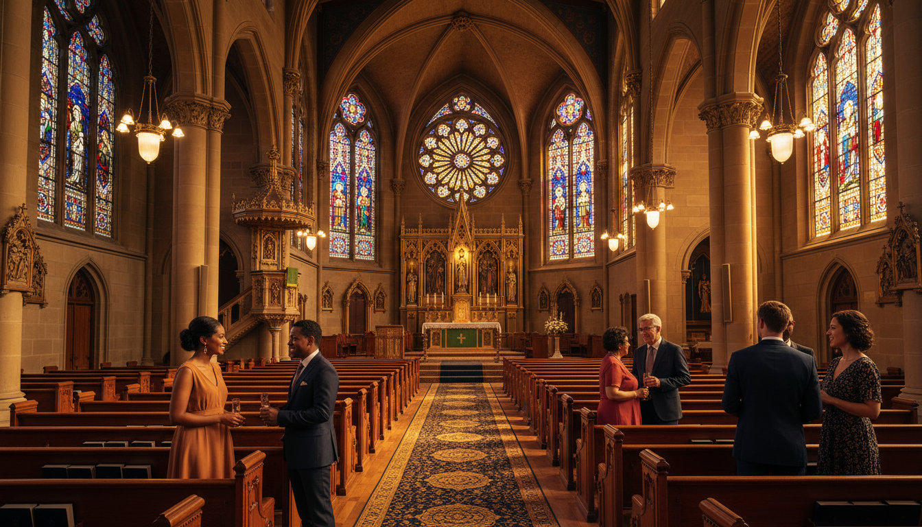 Beautiful church interior with warm golden light