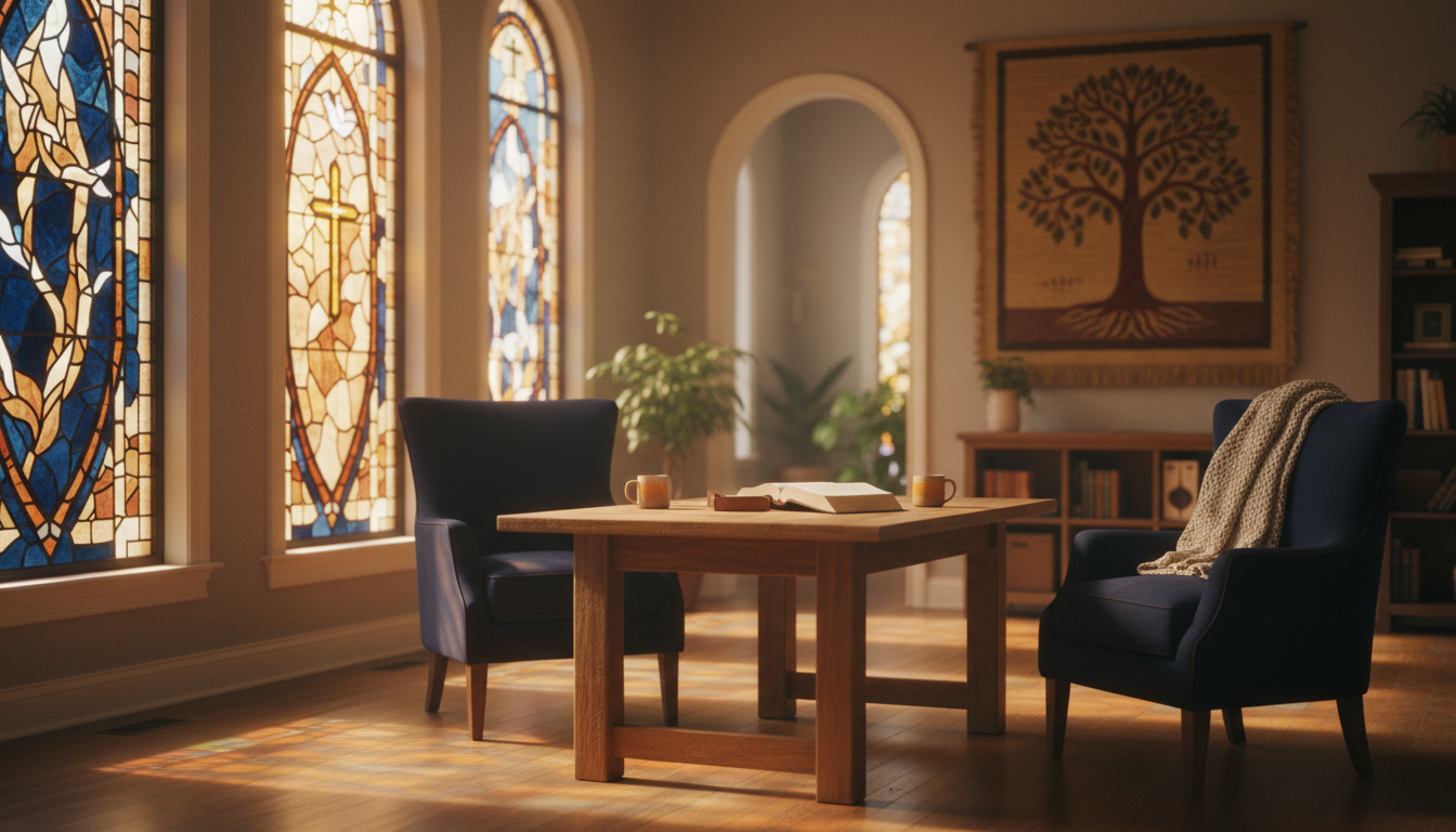 Peaceful counseling environment with warm golden light