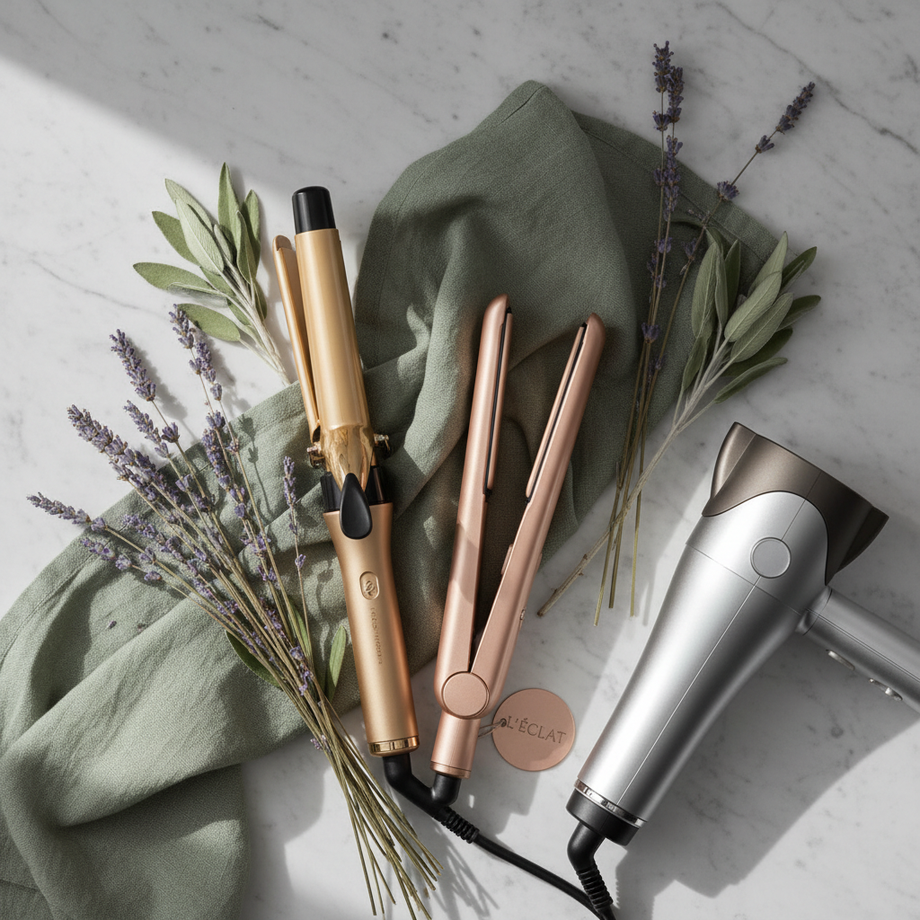 Professional styling tools with sage and lavender accents