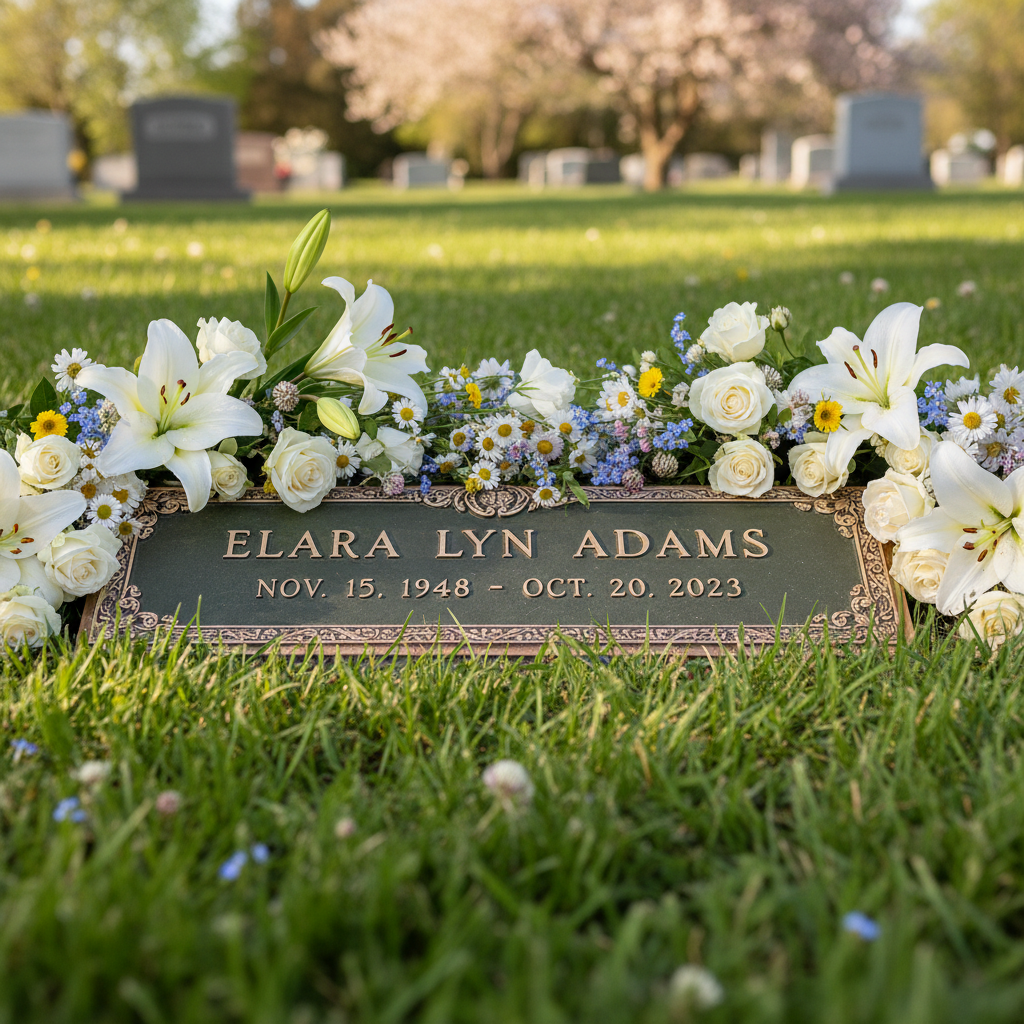 Bronze memorial marker surrounded by flowers
