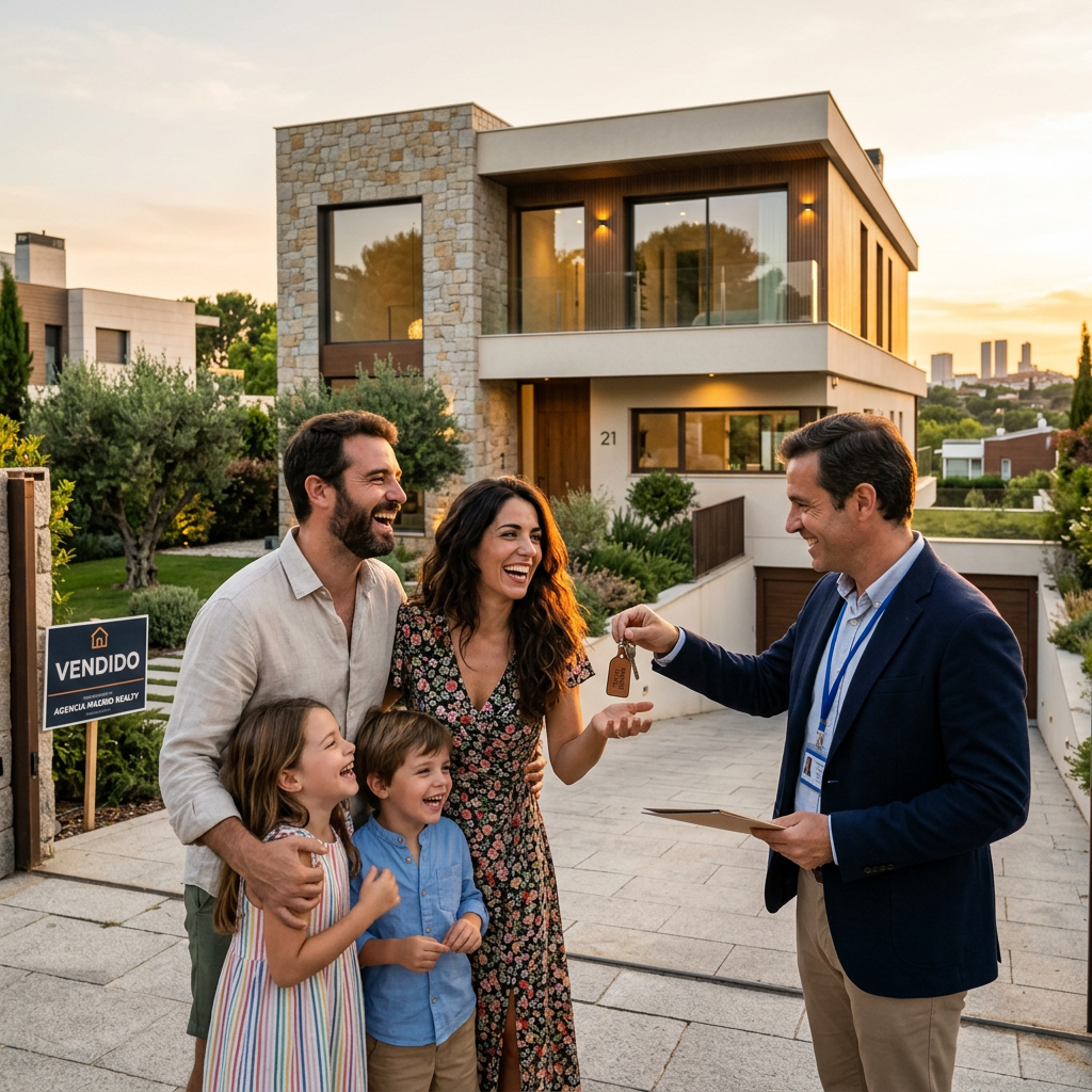 Familia feliz recibiendo las llaves de su nueva vivienda gracias al broker hipotecario de Madrid