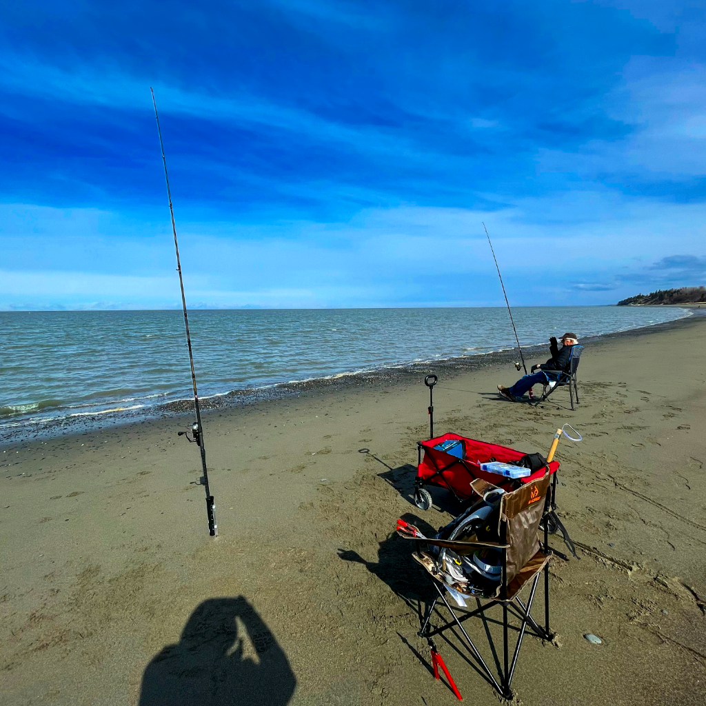 Surf fishing setup on Alaska beach