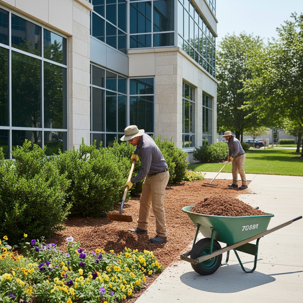 Lawn care crew landscaping property with ServicePro time tracking and route planning.