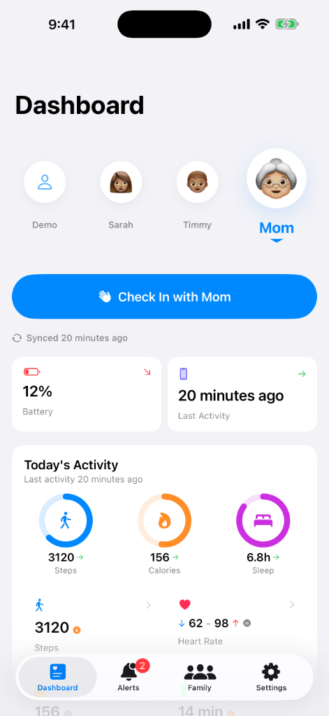 Kinnect Family Dashboard screen