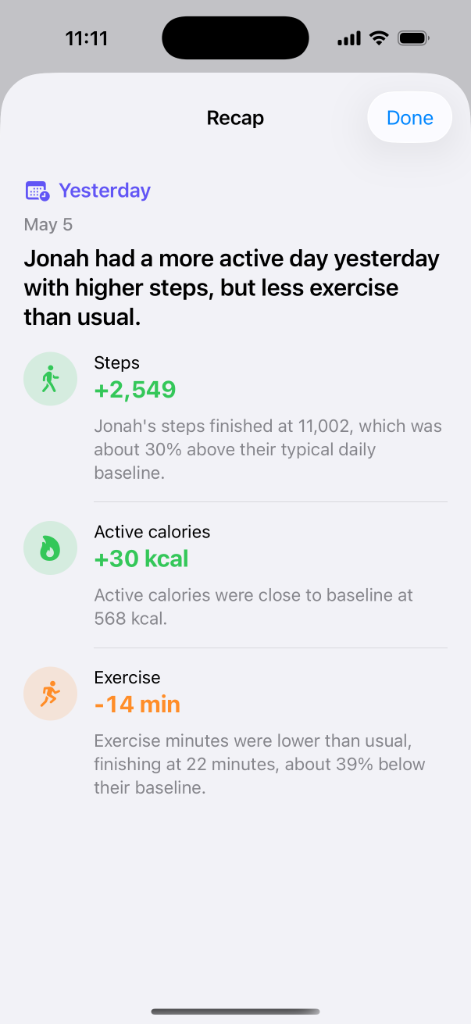 Kinnect Daily Recap screen
