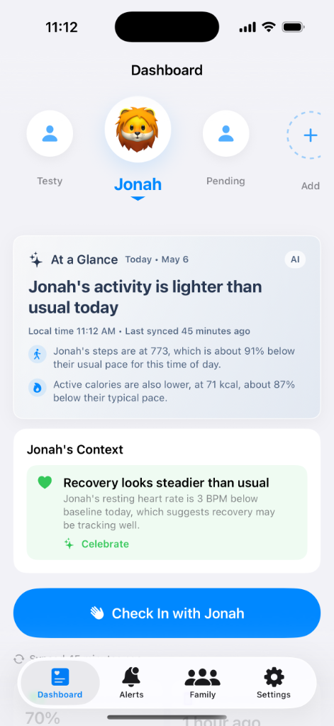 Kinnect At a Glance screen