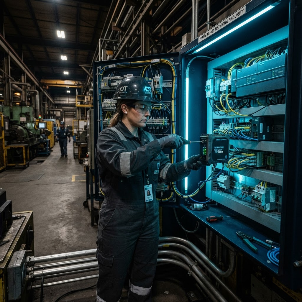 Engineer installing a network security sensor on an industrial control panel