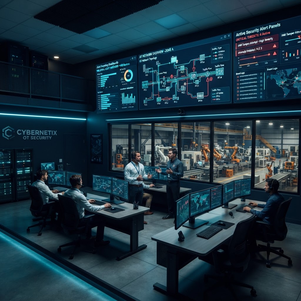 Industrial control room with network topology maps and security alert dashboards