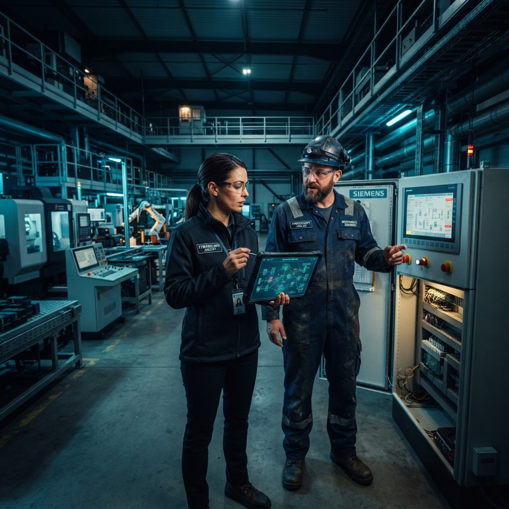 Two engineers collaborating on OT cybersecurity in an industrial plant