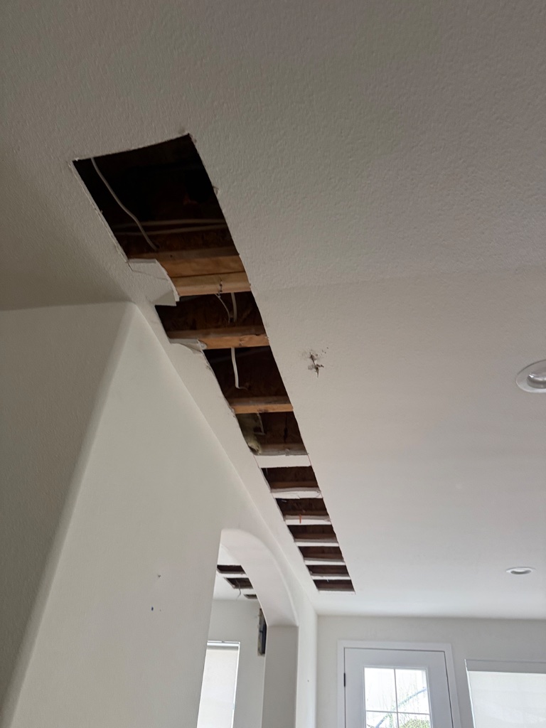 Long ceiling trench showing PEX run through open joists