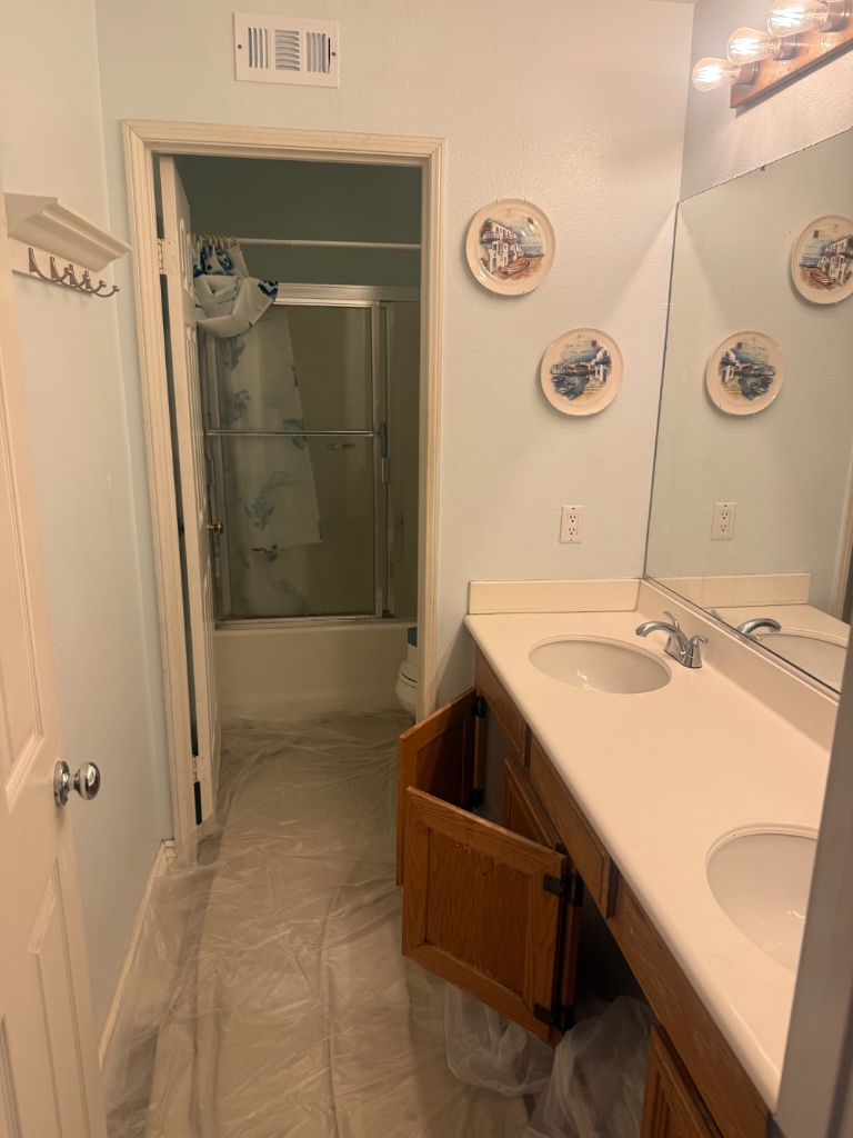 Bathroom vanity with floor protection — ready for repipe access work