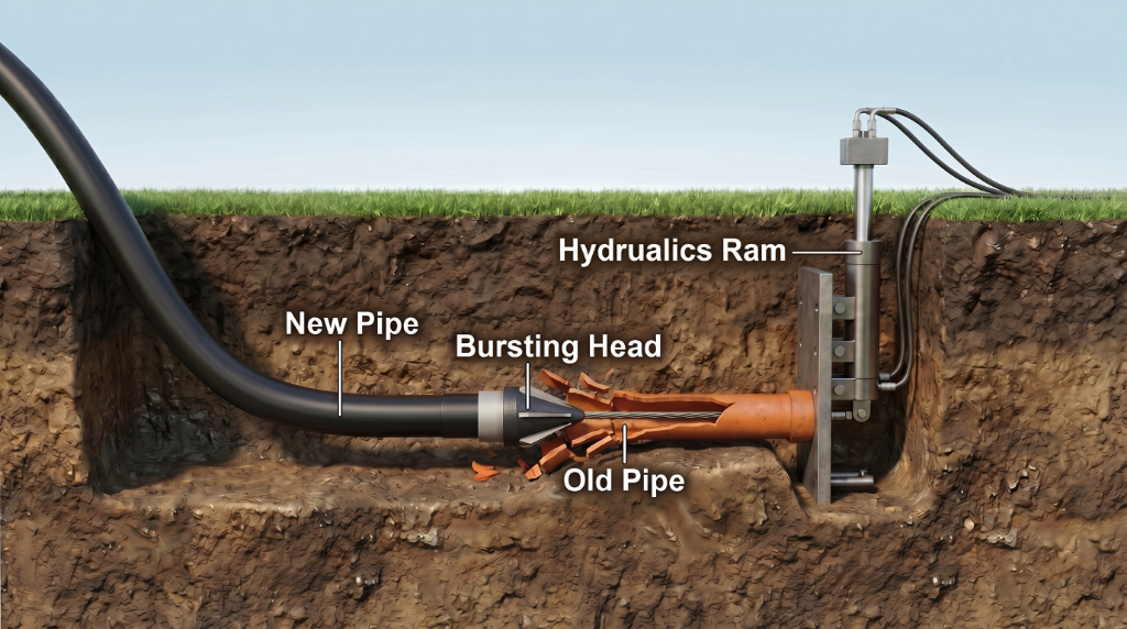 Pipe bursting diagram showing new HDPE pipe replacing old sewer pipe