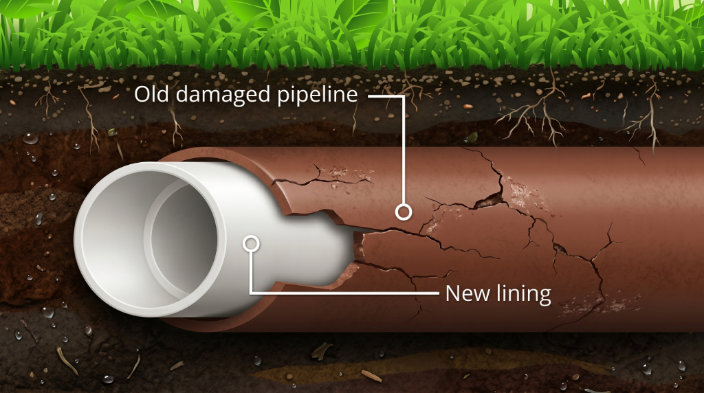 Sewer pipe lining diagram showing new liner inside old damaged pipe