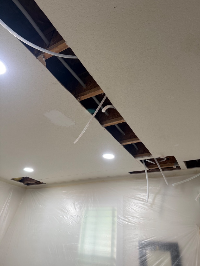 New PEX lines threaded through ceiling opening with wall protection in place