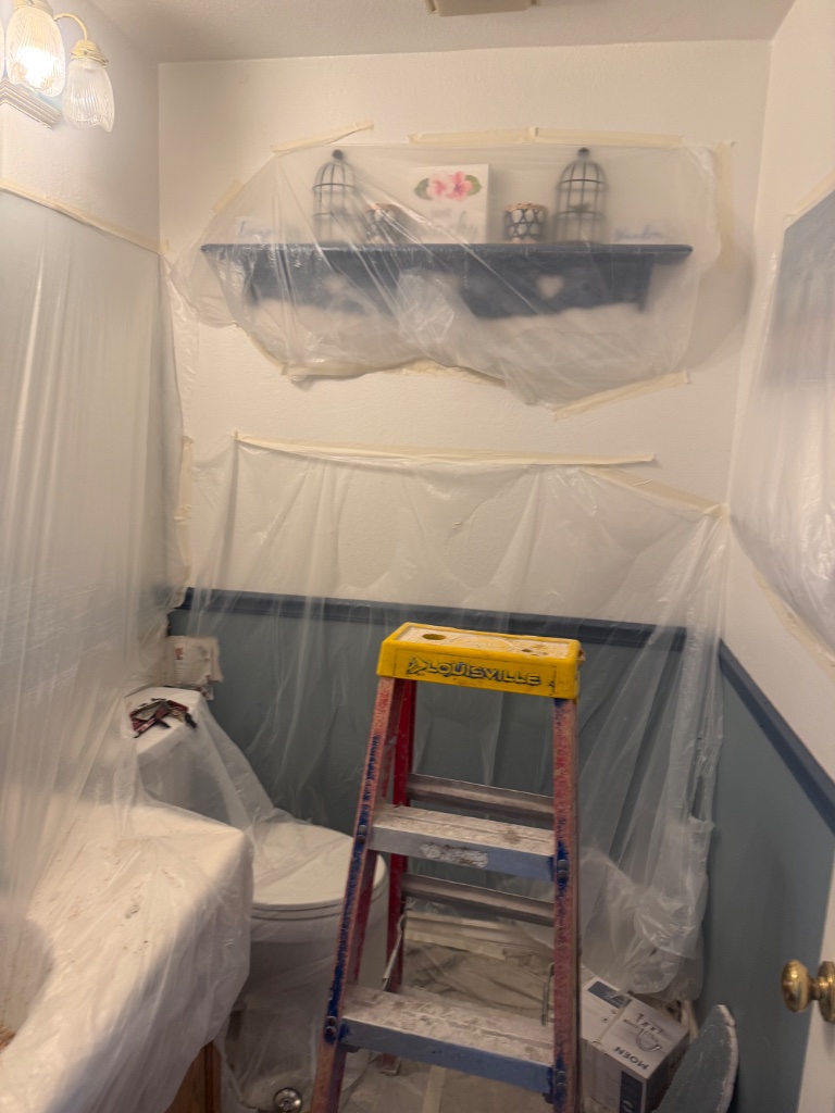 Bathroom protected during repipe — toilet and vanity wrapped in plastic