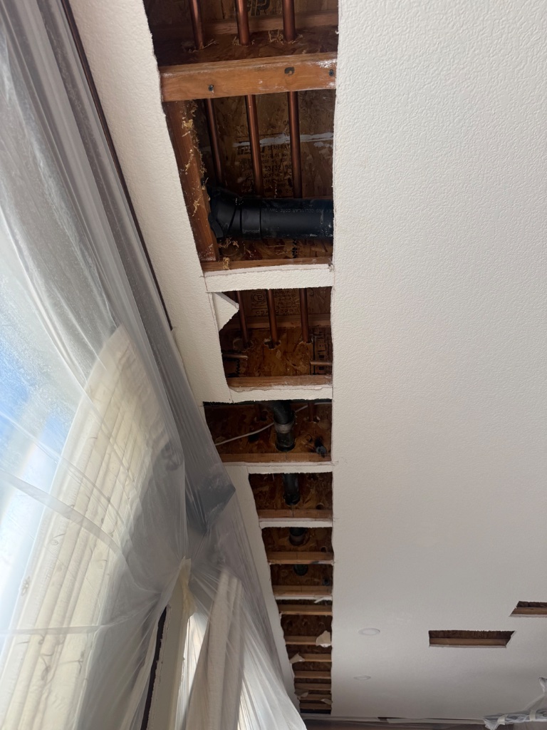 Ceiling access trench exposing copper supply lines and black drain pipe through joists