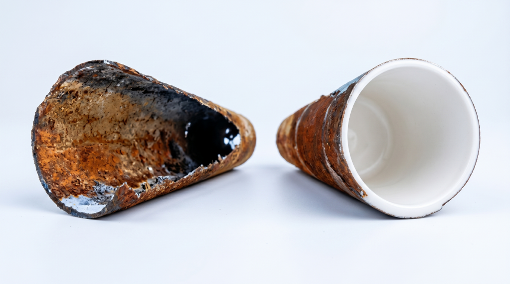 Old damaged sewer pipe compared to smooth sewer pipe lining