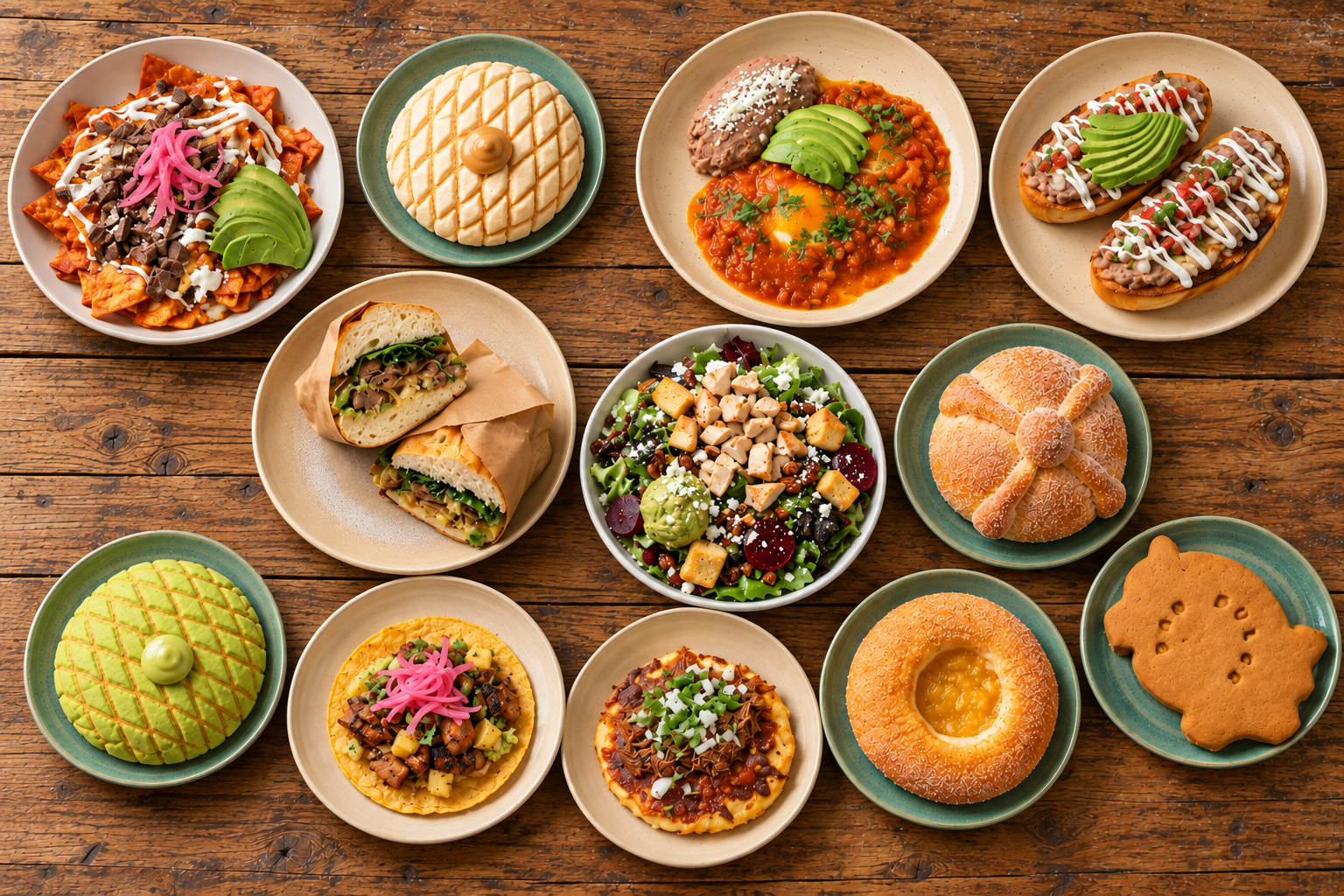 Assorted Mexican dishes and pan dulce on a rustic wooden table