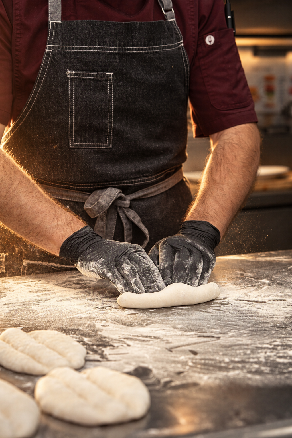 Baker shaping dough on the counter