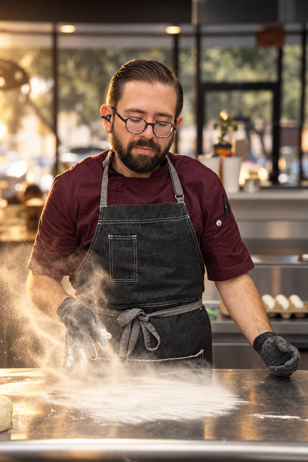 Chef dusting flour across the prep table