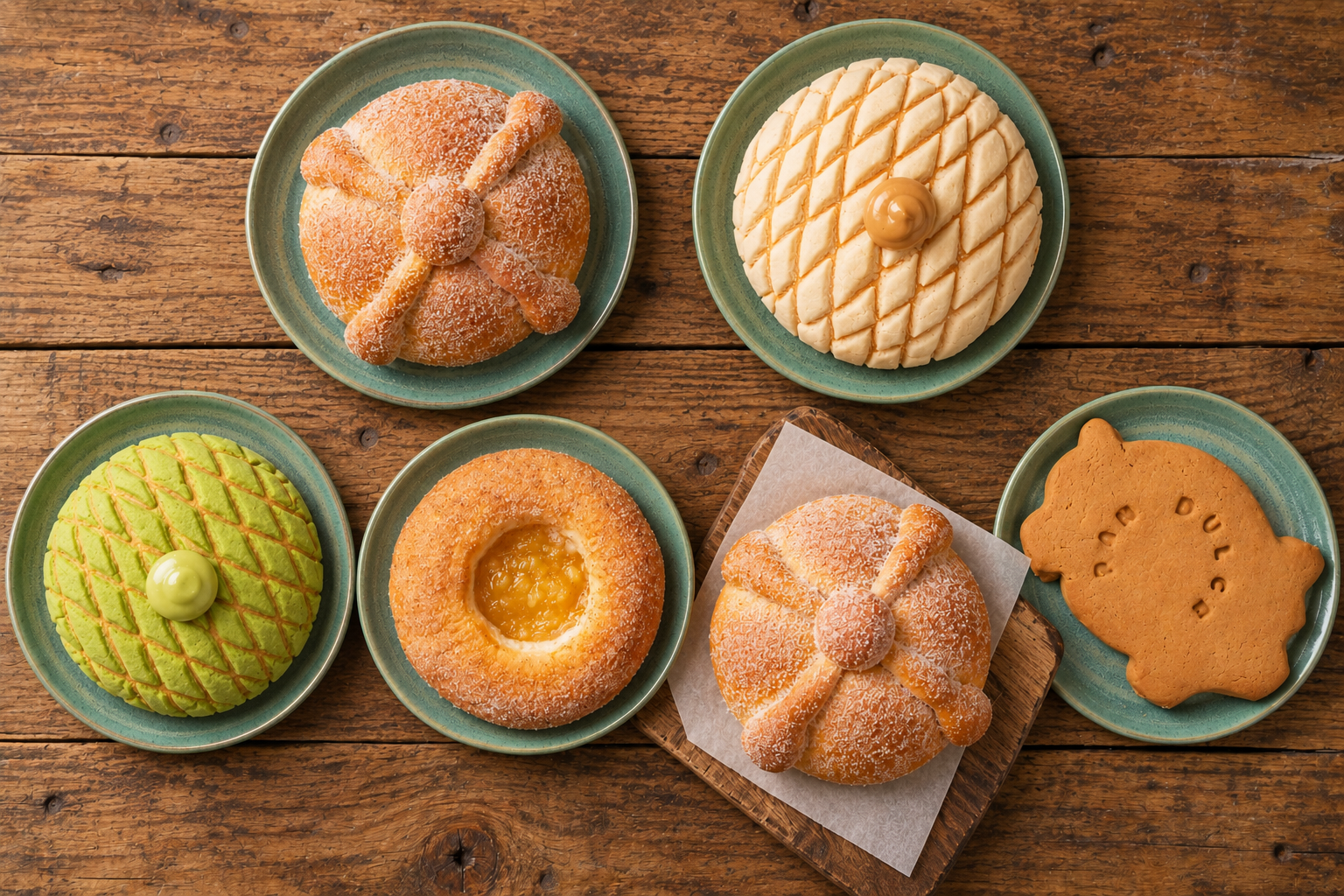 Assorted pan dulce on green plates over a rustic wooden table