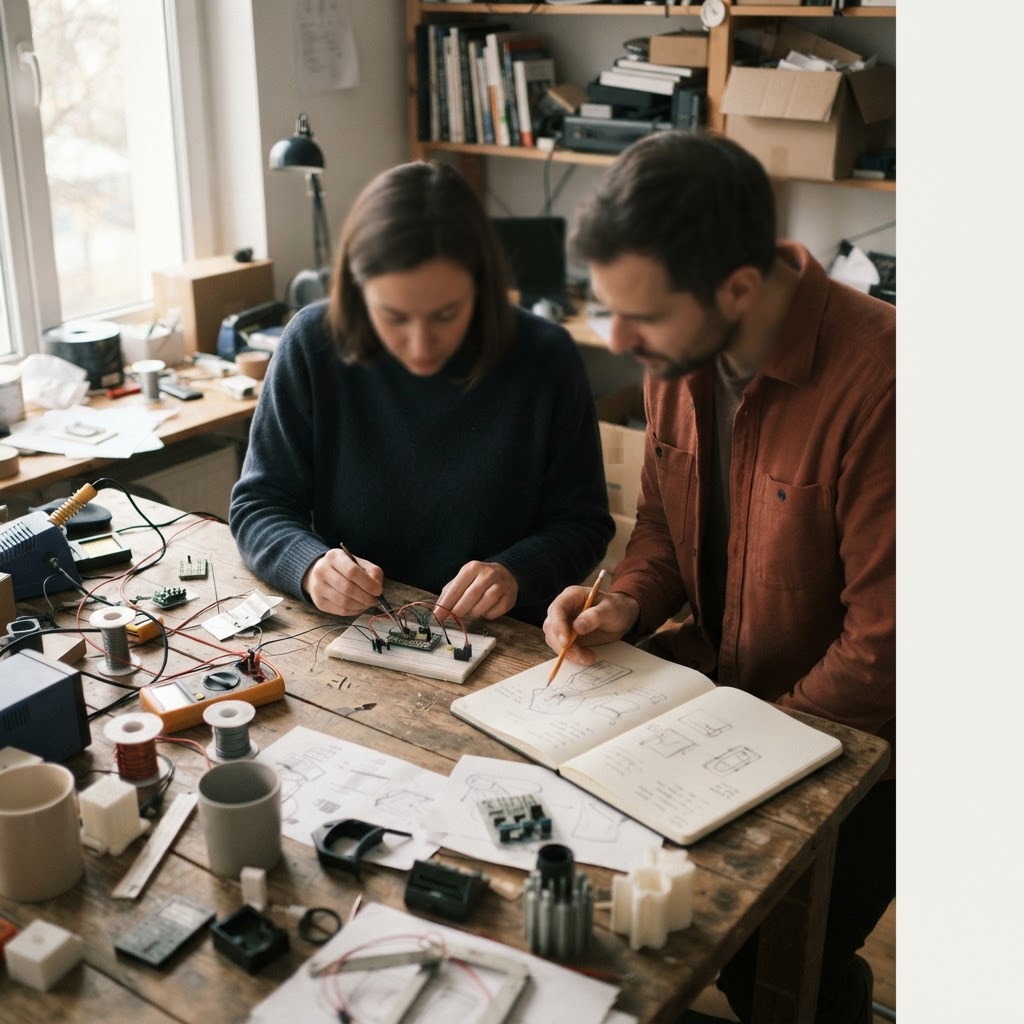 Solo-Selbstständige arbeiten in einer kleinen Werkstatt an einem Prototyp – Symbol für Innovationsfähigkeit ohne Wachstumsfinanzierung.
